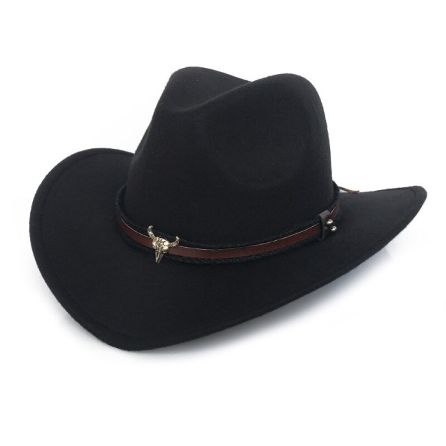 Metal Bull Belt Fedora Cap for Men Wide Brim Western Cowboy Cowgril Hats Autumn Winter Warm Trilby Panama Jazz Cap