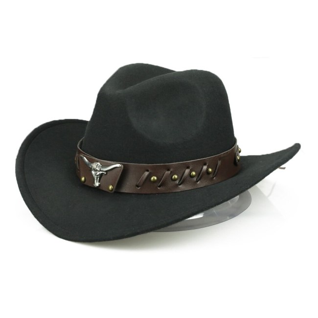 PU Leather Belt Bull Cowboy Cap Cotton Warm Trilby Fedora Men Women Wide Brim Jazz Hat Chapeu de Vaqueiro