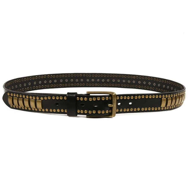 Western Style Punk Rock Belts Geometry Pattern for Men for Women Rivet Studded Belts First Layer of Cowskin Hip Pop Decorative Belts
