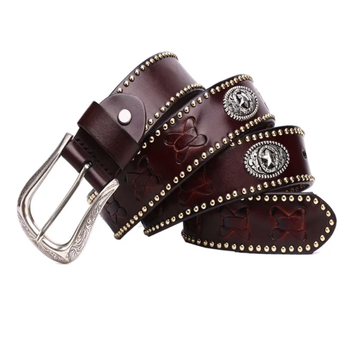 Cowboy Style Metal Rivet Belt Luxury Designers Men Rivet Punk Belt Cowskin Genuine Leather Cintos Masculinos Male Rock Hip Hop Strap Waist