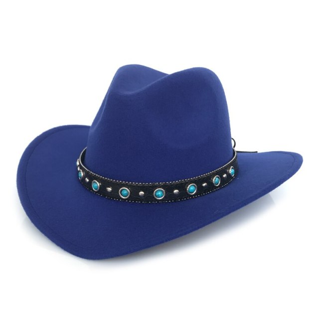 Blue Stone Belt Western Cowboy Cap Men Retro Jazz Panama Hats Cowgirl Wide Brim Fedora Trilby Cap Godfather Sombrero