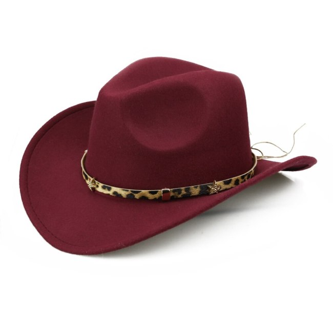 Western Cowboy Cap for Men Winter Warm Leopard Pentagram Belt Jazz Cap Women Wide Brim Fedora Hat Cowgirl