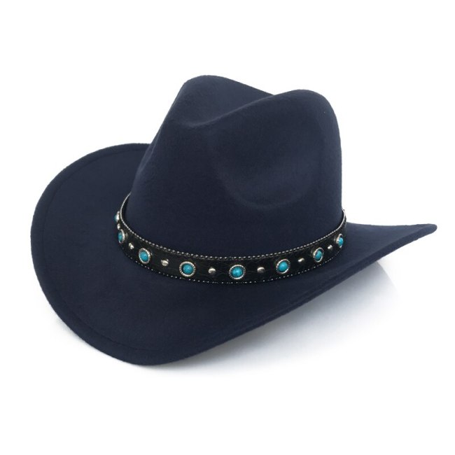 Blue Stone Belt Western Cowboy Cap Men Retro Jazz Panama Hats Cowgirl Wide Brim Fedora Trilby Cap Godfather Sombrero