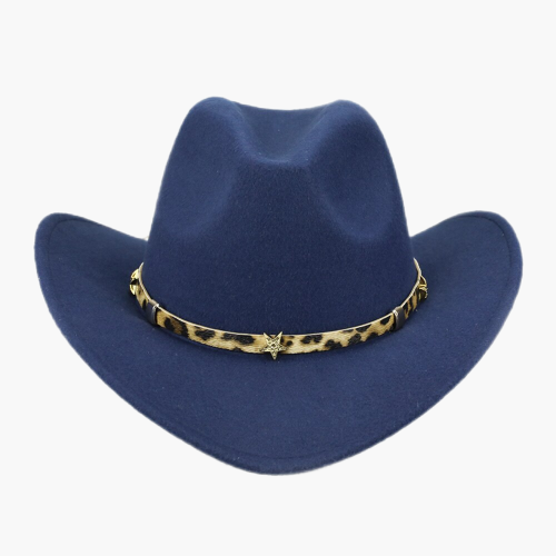 Western Cowboy Cap for Men Winter Warm Leopard Pentagram Belt Jazz Cap Women Wide Brim Fedora Hat Cowgirl