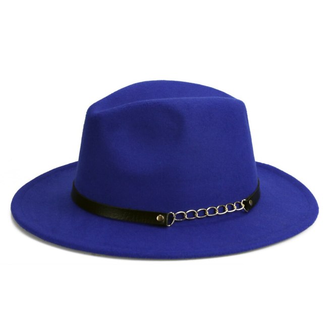 Gold Chain Belt Fedora Cap Women Tea Party Hats Winter Men Vintage Trilby Wide Brim Felt Cap Sombrero Negro