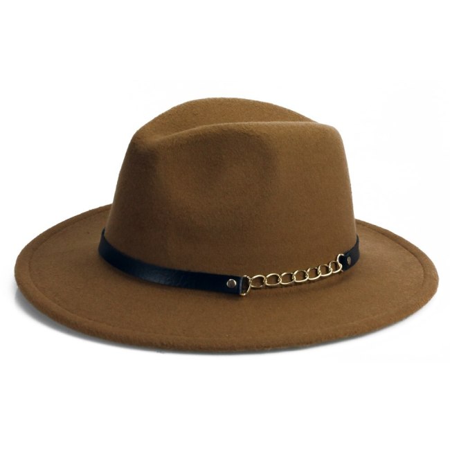 Gold Chain Belt Fedora Cap Women Tea Party Hats Winter Men Vintage Trilby Wide Brim Felt Cap Sombrero Negro