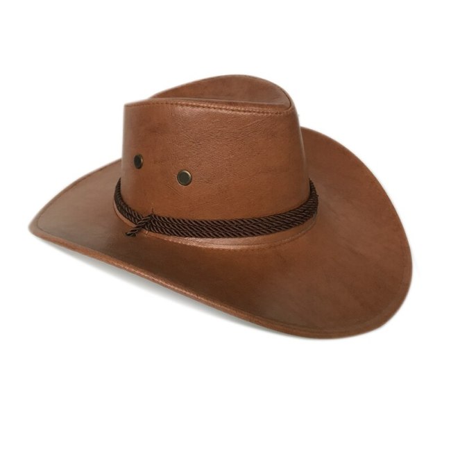 Faux Leather Cowboy Hat Men Jazz Panama Wide Brim With Wind Rope Western Cowgirl Chapeau de Cowboy Cuir Adulte