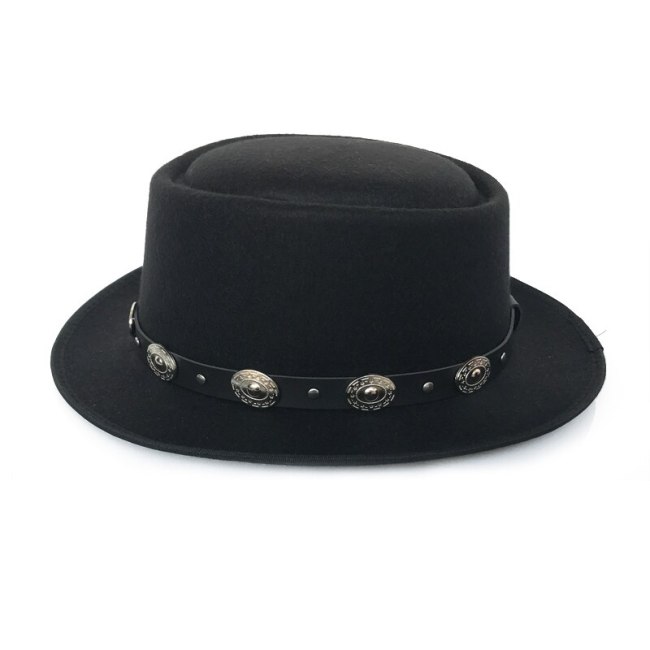 Silver Metal Belt Porkpie Hat Flat Top Fedora For Men Jazz Vintage Ribbon Trilby Panama Gangsters Caps Women