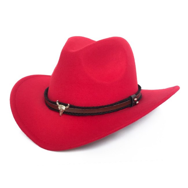 Metal Bull Belt Fedora Cap for Men Wide Brim Western Cowboy Cowgril Hats Autumn Winter Warm Trilby Panama Jazz Cap