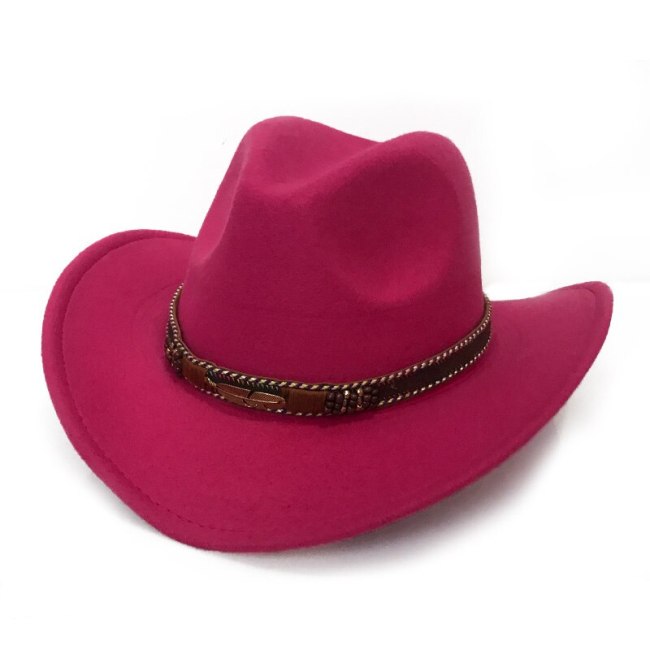 Cowboy Style Felt Hat for Women Men Winter Warm Trilby Cap Wild Brim Leaf Ribbon Jazz Cap Toca Sombrero Cap