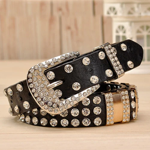 Cowboy Style Fashion Rhinestone Female Belts for women Luxury Designer Colorful PU leather Rivet belt High quality strap for jeans