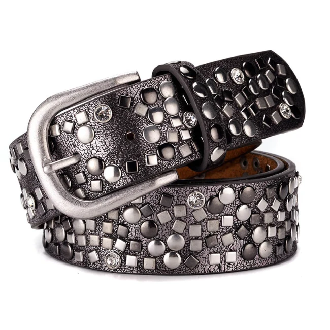 Western Style Split Leather + PU Rivet Belt Fashion Rhinestone Women's Studded Belts High Quality Female Leather Rock Women Strap For Jeans