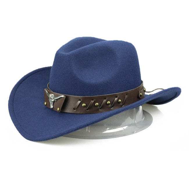 PU Leather Belt Bull Cowboy Cap Cotton Warm Trilby Fedora Men Women Wide Brim Jazz Hat Chapeu de Vaqueiro