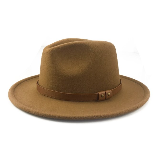 Women Vintage Wide Brim Fedora Hat Floppy Panama Hat Belt Buckle Cap Men Felt Hats