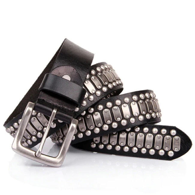 Western Style 100% Genuine Leather Metal pin buckle men Belt Male Wide Cowhide Hiphop Rock Rivet belts for Men Ceinture Black