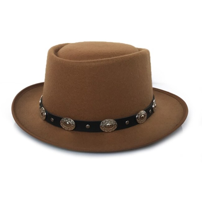 Silver Metal Belt Porkpie Hat Flat Top Fedora For Men Jazz Vintage Ribbon Trilby Panama Gangsters Caps Women