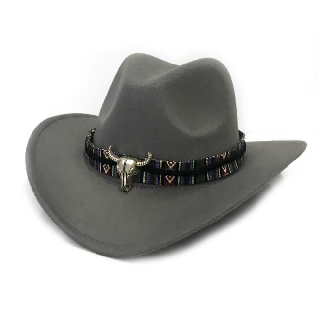 Metal Bull Ribbon Fedoras Men Winter Autumn Western Cowboy Jazz Hat Women Trilby Felt Cap Cowgirl Jazz Toca Sombrero