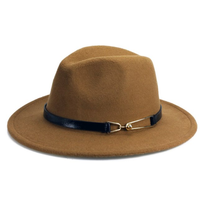 Elegant Women Church Hats Autumn Winter Warm Fedora Caps Golden Metal Belt Felt Cap Vintage Trilby Men Jazz Panama