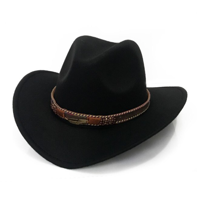 Cowboy Style Felt Hat for Women Men Winter Warm Trilby Cap Wild Brim Leaf Ribbon Jazz Cap Toca Sombrero Cap