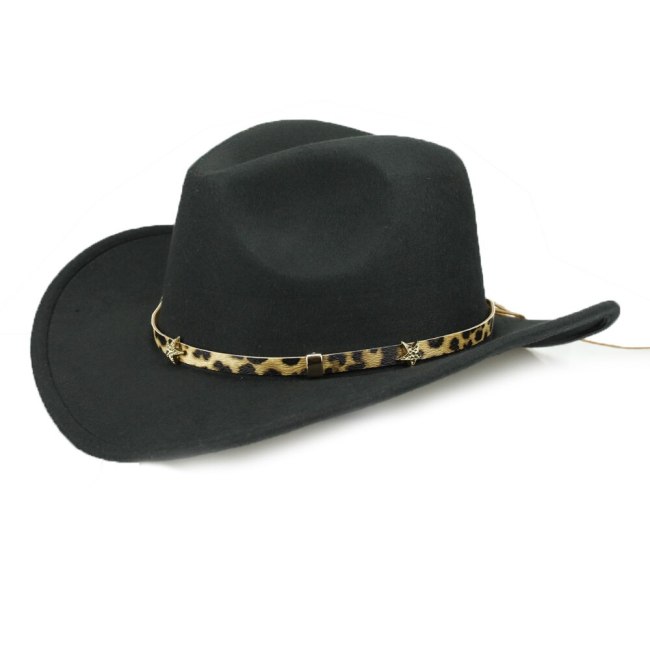 Western Cowboy Cap for Men Winter Warm Leopard Pentagram Belt Jazz Cap Women Wide Brim Fedora Hat Cowgirl