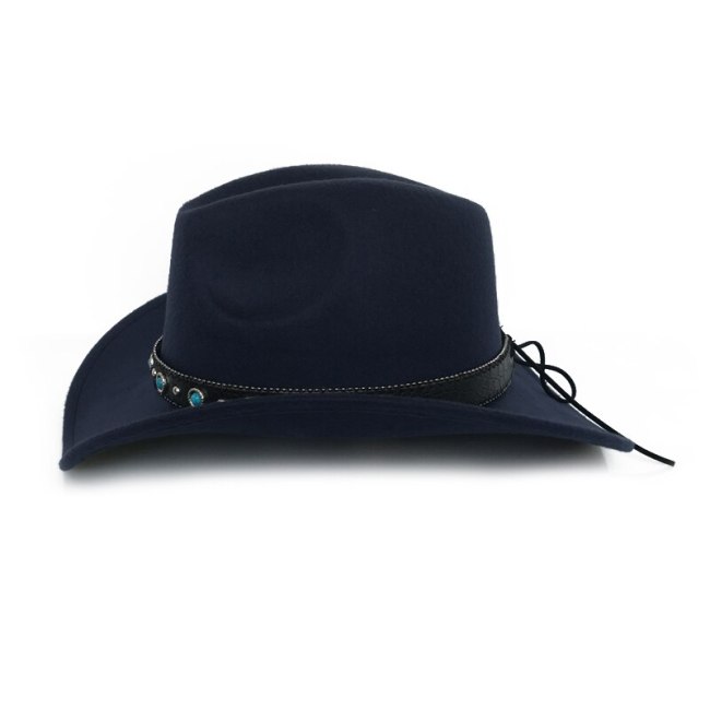 Blue Stone Belt Western Cowboy Cap Men Retro Jazz Panama Hats Cowgirl Wide Brim Fedora Trilby Cap Godfather Sombrero