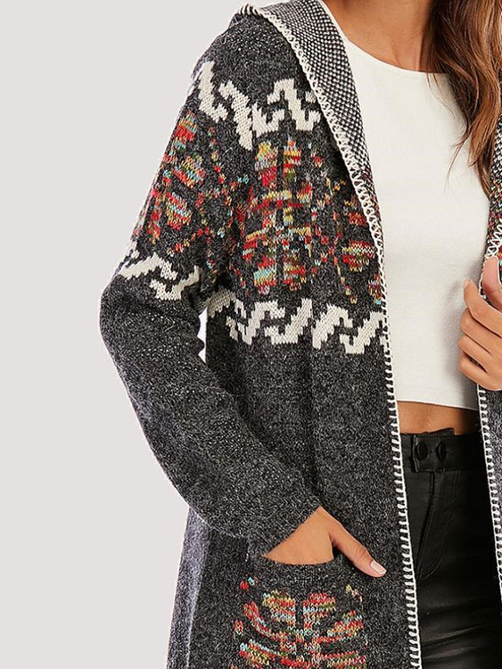 long sleeve cardigan jacquard weave knitted hooded women sweater duster coat