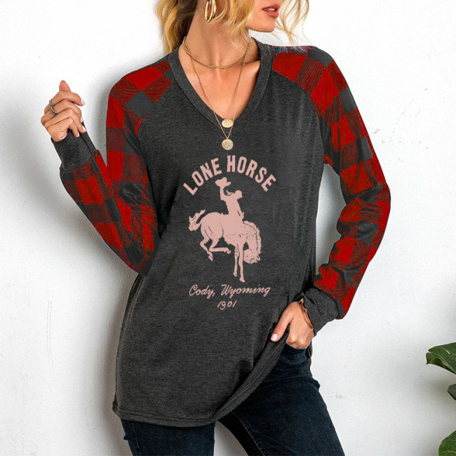 women's Lone Horse human &horse picture print long sleeve t-shirt