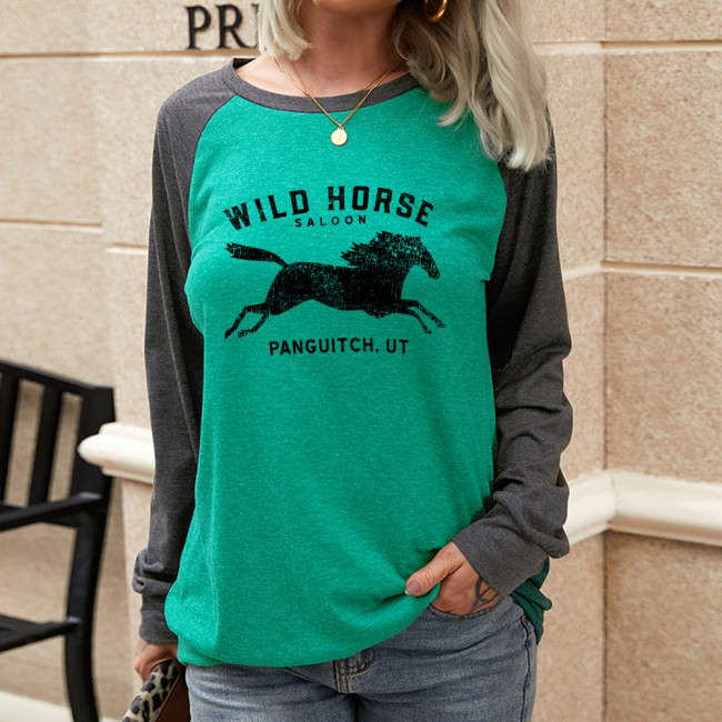 casua lwild horse pattern print long sleeve t-shirt for women