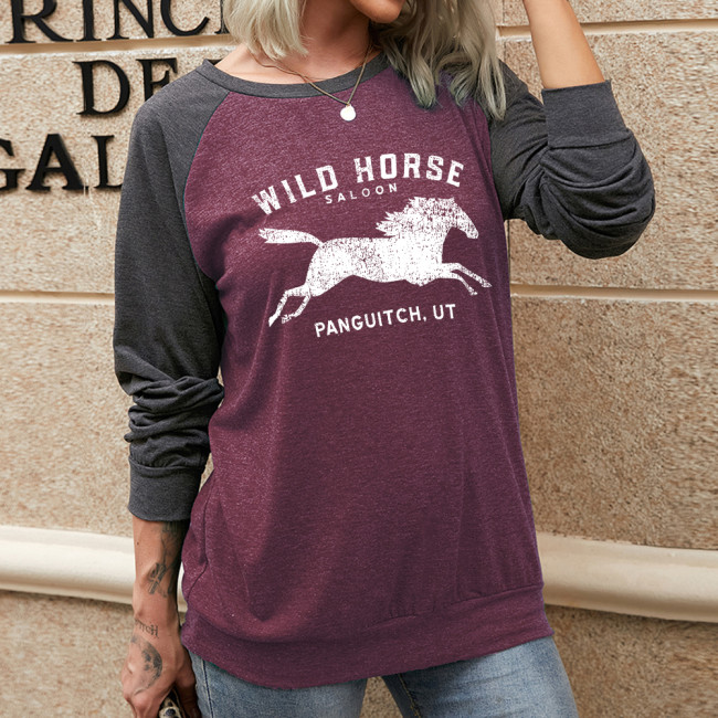 casua lwild horse pattern print long sleeve t-shirt for women