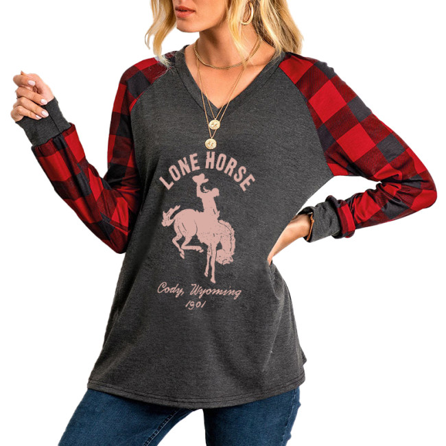 women's Lone Horse human &horse picture print long sleeve t-shirt