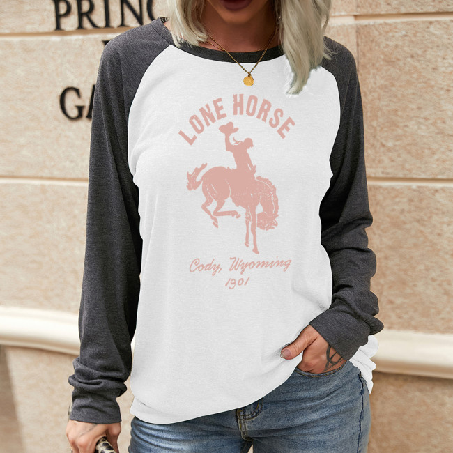 casual Lone Horse human &horse picture print long sleeve t-shirt for women