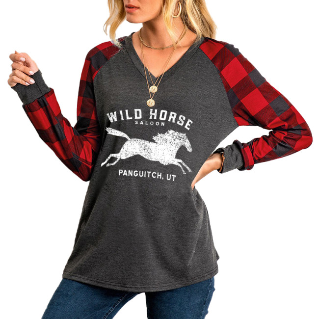 women's wild horse pattern print long sleeve t-shirt
