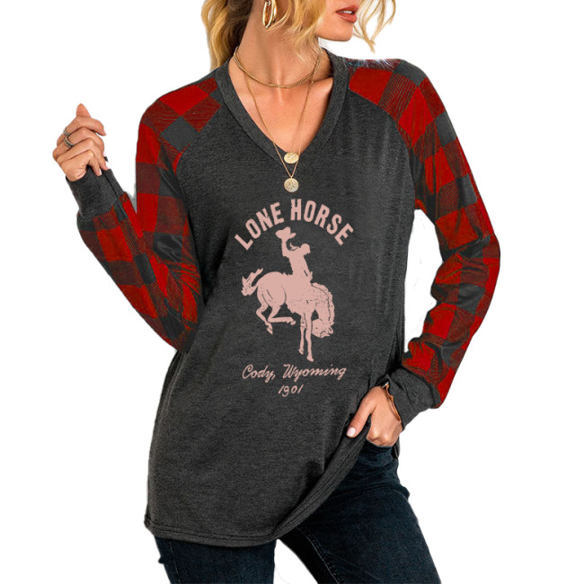 women's Lone Horse human &horse picture print long sleeve t-shirt