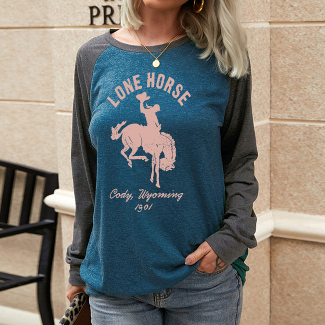 casual Lone Horse human &horse picture print long sleeve t-shirt for women