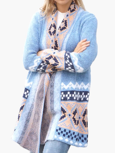 Women's Open Front Boho Long Fluffy Aztec duster Cardigan Sweater With Geometric Print