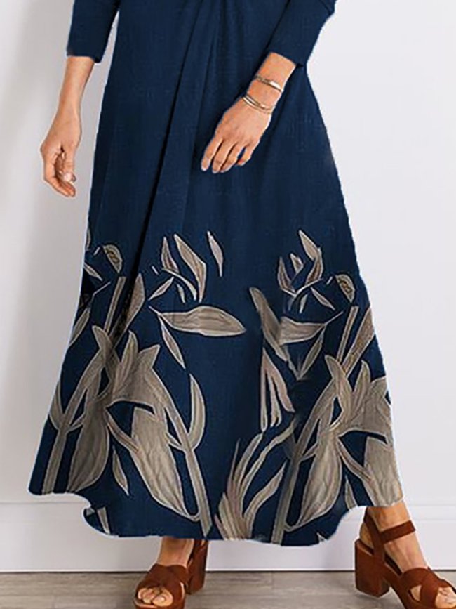 Leaf Print V-Neck Long Sleeve Holiday Casual Maxi Dresses