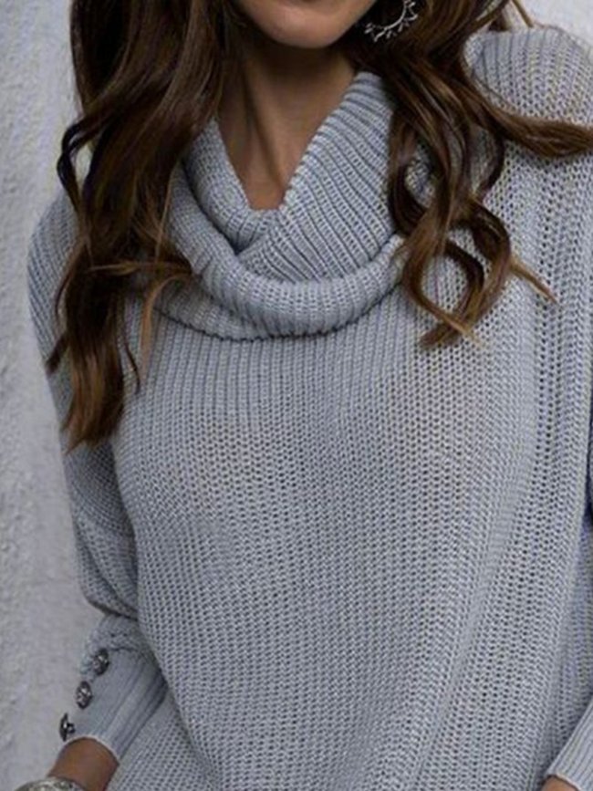 Solid Color High Neck Long Sleeve Women Solid Sweater Top Female
