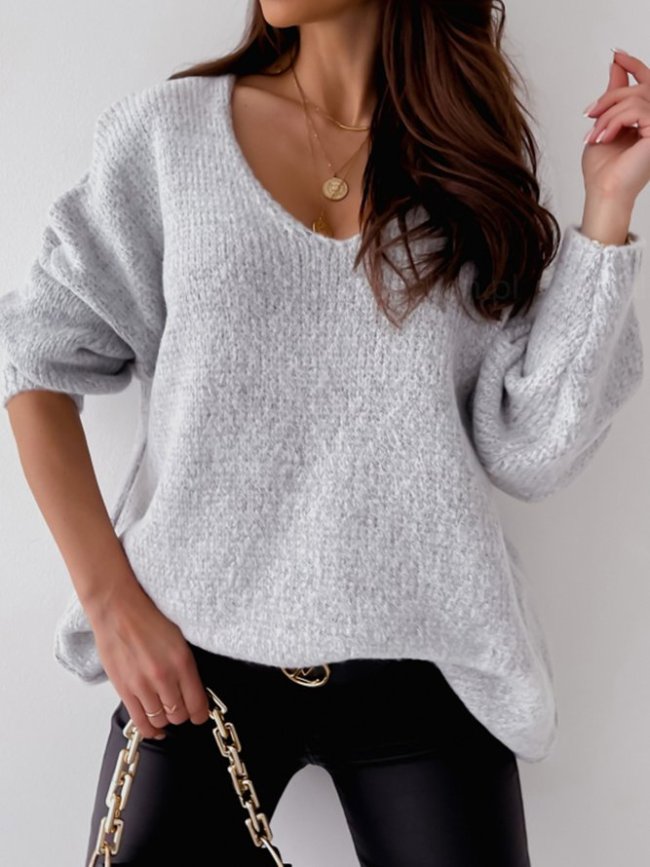 Casual Plain V Neck Women Solid Sweater
