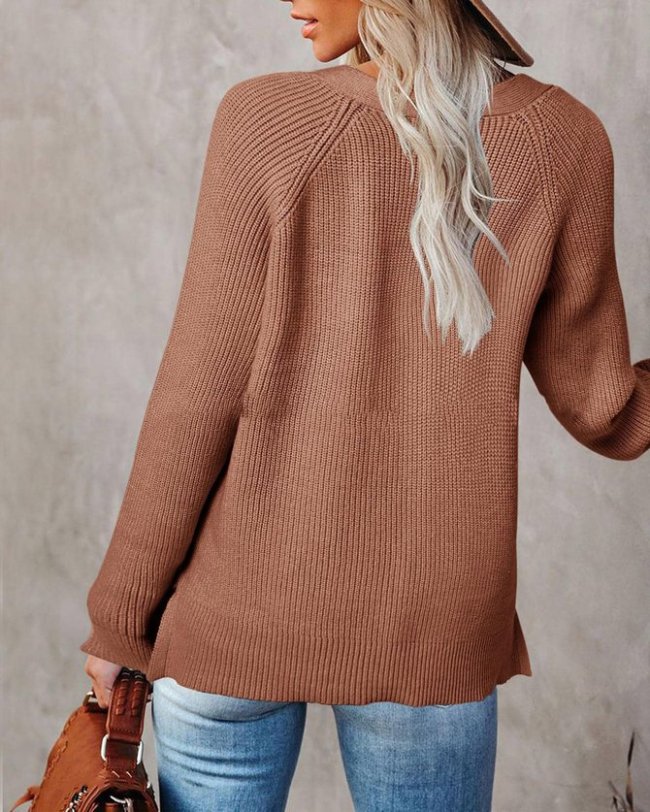 V Neck Casual Long Sleeve Women Solid Sweater
