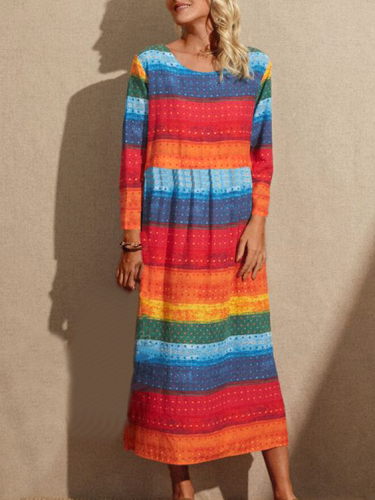Crew Neck Boho Loosen Dresses  Holiday Style Straight Dress With Gradient Color Strips