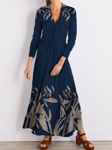 Leaf Print V-Neck Long Sleeve Holiday Casual Maxi Dresses