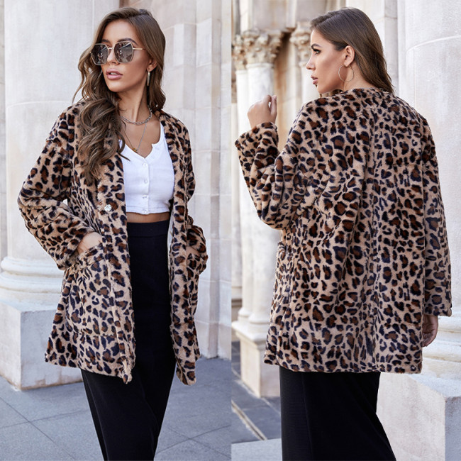 Autumn and winter leopard print Trench coat loose plush coat with pockets