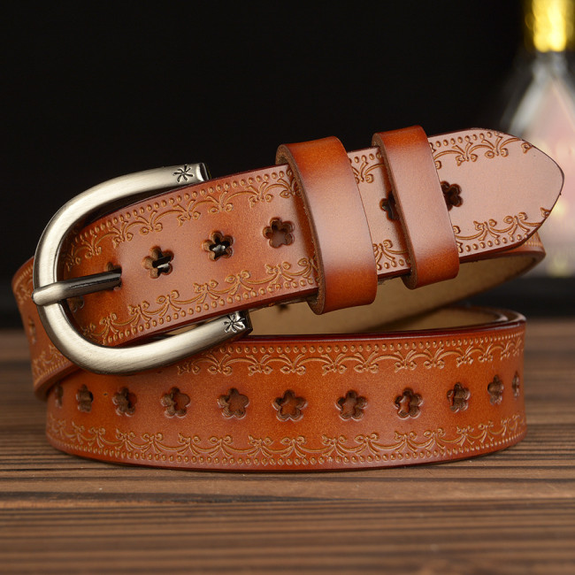 Hot selling fashion ladies' belt hollow out leisure versatile real leather belt women decorative pants belt students