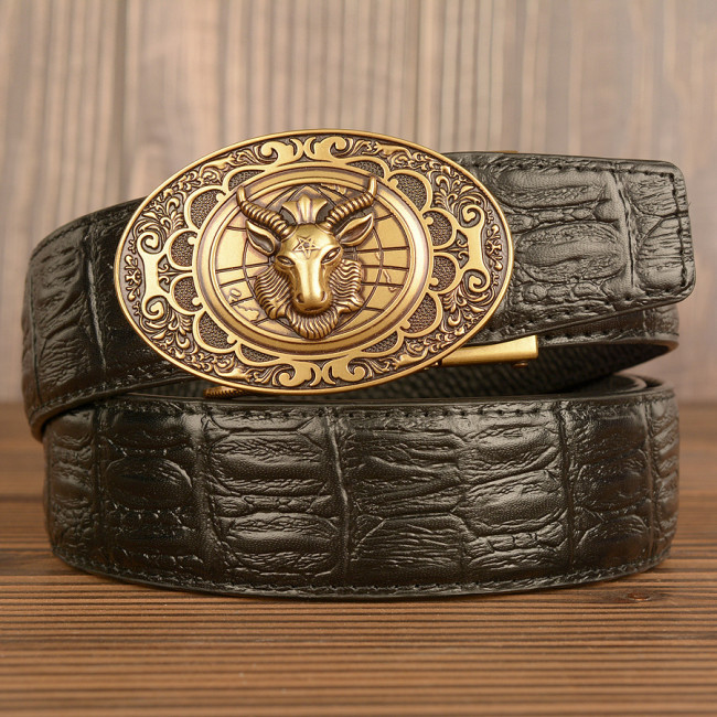 Fashion head layer cowhide leather belt Men's fashion young and middle-aged leisure belt sheep automatic buckle crocodile grain trouser belt