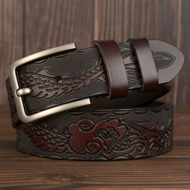 New dragon grain carved men's real leather belt personality casual pin buckle jeans belt male