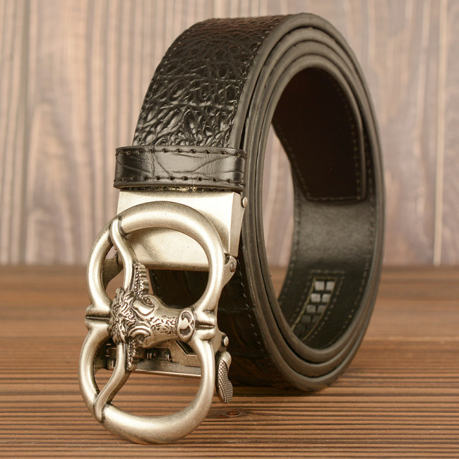 Vintage Bull Head Auto Button Belt Men's Personality Crocodile Real Leather Belt Student Casual Jeans
