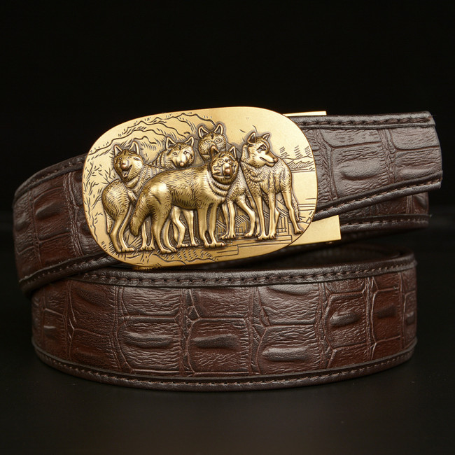 Vintage Wolf head automatic buckle men's belt real cowhide leather personality crocodile pattern casual belt men's fashion casual pants belt