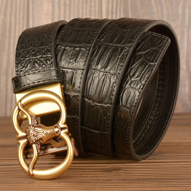 Vintage Bull Head Auto Button Belt Men's Personality Crocodile Real Leather Belt Student Casual Jeans