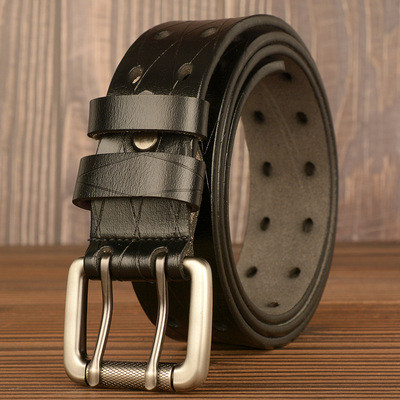 New double pin buckle Men's belt real cowhide leather personality belt Men's casual jeans belt