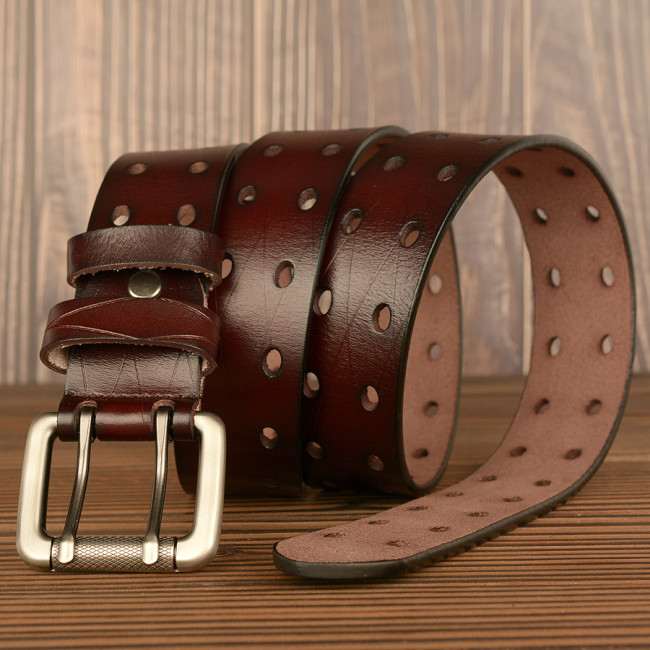 New double pin buckle Men's belt real cowhide leather personality belt Men's casual jeans belt